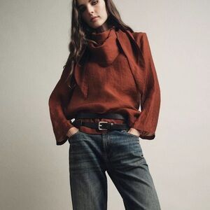 NWT Zara Red Flowy Blouse with Multi-Position Scarf ZW Collection Women’s Large